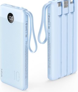 VRURC 10000mAh Power Bank Built-in Cables, Portable Charger with LED Display, Slim Travel Battery Pack with Cords, 5 Output Dual Input Phone Charger for Cell Phone Smart Devcies-Blue(1 Pack)